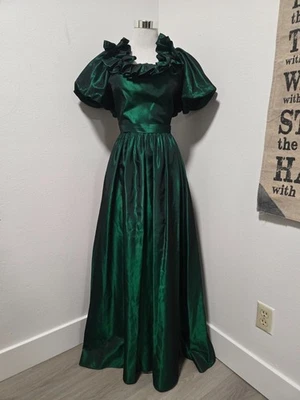 80s CUSTOM MADE IRIDESCENT GREEN RUFFLE NECK PUFF SLEEVE BOW BACK FORMAL DRESS - Image 1 of 4