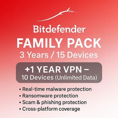 Bitdefender Family Pack 2026- 3 Years 15 Devices + 1 Year  UNLIMITED VPN - Image 1 of 4