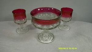 Vintage Indiana Kings Crown Ruby Thumb Print Candy Dish And 2 Goblets - Picture 1 of 8