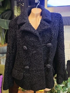 Vtg LUSTRELAM by Halldon Curly Lamb Wool Coat Double Breasted Black Womens M(?) - Picture 1 of 8