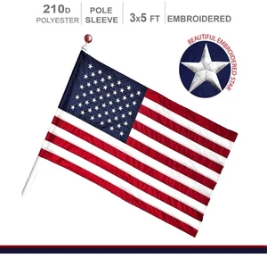 Amerikanische Flagge 210D bestickt Polyester 3x5 Fuß mit Stangenhülle - Bild 1 von 8