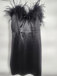 Feather Trim Mini Little Black Dress  Party Cocktail Size Med Unbranded  - Picture 1 of 4
