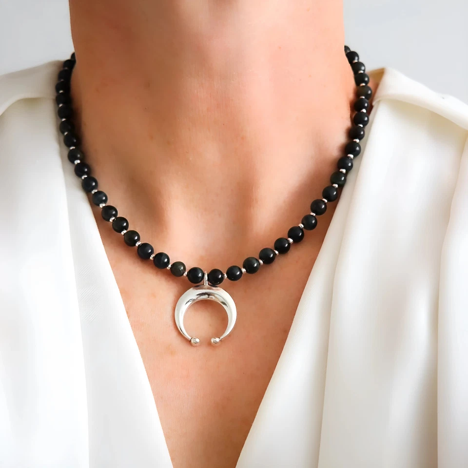 Blue Tiger's Eye Crescent Moon Choker Necklace - Image 1 of 4