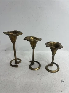 Vintage Brass Flower Candle Holders – Set of 3 – Handcrafted – Mid-Century Style - Picture 1 of 6