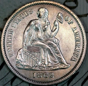1862-P SOLID+ GEM BU MS SEATED LIBERTY DIME DC128 FROM MATTHEWS HOARD - Picture 1 of 3