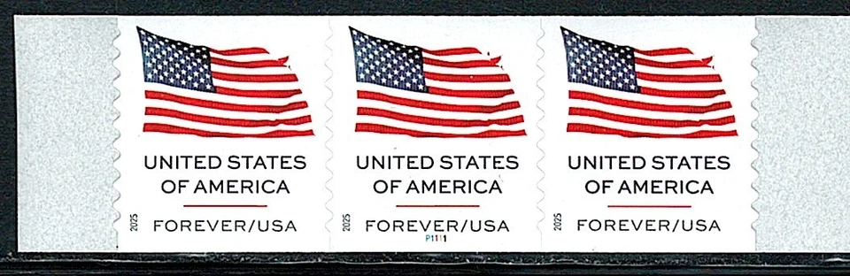 Mint US Strip of 3 Coil Flag Stamp with Pate# P1111,Scott# 6017 (MNH) - Image 1 of 1