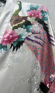 Vintage Pfau Vogel Kimono Stil Morgenmantel asiatisch Blumen weiß Damen Gr. Large kurz - Bild 1 von 20