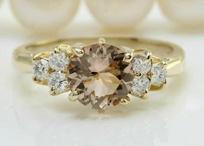 Anel de ouro amarelo sólido 14K com morganita natural e diamantes 1,90 quilates - Imagem 1 de 4