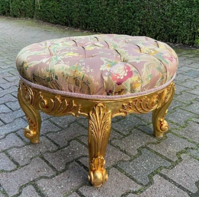 Ottoman Stool Bench French Louis XVI Pink Damask Gilded Bed Seat Decor - Image 1 of 4