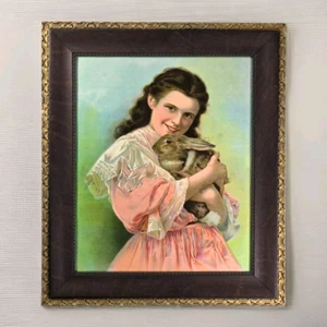Antique 1890s Chromolithograph Girl with Rabbit Solid Wood Antique Frame w/ Gold - Picture 1 of 14