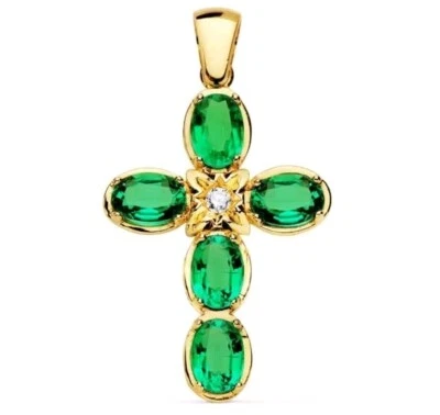 18K Gold Anhänger Kreuz 30X21 MM. Smaragde 3,75 Q Diamant 0,065 Q. - Bild 1 von 3