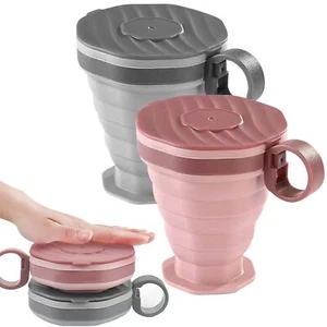 Pack of 2 foldable silicone cups foldable travel cups with plastic lids reusa... - Picture 1 of 7