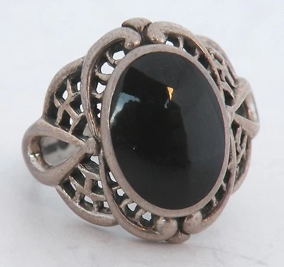 Anillo Kabana ornamentado suroeste inusual cabina esterlina y ónix diseño trabajo abierto Foto 1 de 4