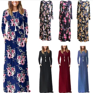 WOMEN'S CASUAL LONG SLEEVE FLORAL MAXI DRESS LOOSE LONG DRESSES WITH POCKETS - Picture 1 of 9