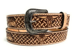 KIDS BABY TODDLER GENUINE LEATHER WESTERN BELT,  HORSE BULL DECORATED RODEO BELT - Picture 1 of 11