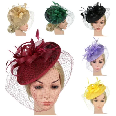 Women Hat Feather Mesh Fascinator Hair Clip Tea Party Wedding Bridal Hairband - Image 1 of 4