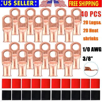 40X 1/0 AWG Gauge 3/8" Copper Lugs w/RED & BLACK Heat Shrink Ring Terminals Wire - Image 1 of 4