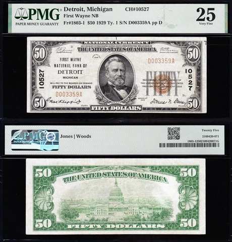 VERY NICE *SCARCE* Bold & Crisp VF 1929 $50 DETROIT, MI National Banknote PMG 25 Cover