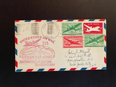 USA, 1st Flight 6/25/1947 San Fran to NY via Calcutta India, Cover, Crisp  - Image 1 of 2