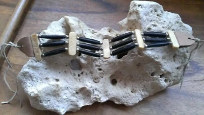 Knochenarmband mit Messing Perlen, Leder Band und Ebenholz, ca. 20cm + Band - Bild 1 von 4