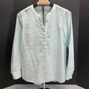 Talbots Womens Light Blue V Neck Plaid Roll Tab Long Slv Blouse Shirt Size SP - Picture 1 of 6