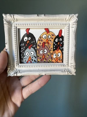 Gallinas, pollos, diversión, humor, pintura original sobre papel, 3/4, enmarcado, miniatura, Foto 1 de 4