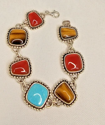 SOUTHWESTERN STERLING SILVER TURQUOISE TIGER EYE CARNELIAN BRACELET - Image 1 of 4