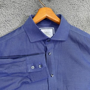 Charles Tyrwhitt Vestito Camicia 16 Slim Fit Non Ferro Navy Micro Stampa Professionale - Foto 1 di 19