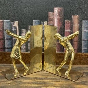 Vtg Andrea By Sadek 2pc Brass Golf Swing themed book ends him/her Taiwan - Picture 1 of 9
