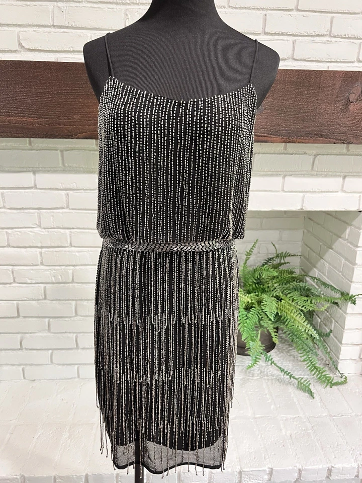 Vestido de noche ADRIANNA PAPELL US para mujer S 6 negro elástico plateado con cuentas con flecos Foto 1 de 4