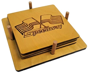Natural Wood Vintage Speedway Snowmobile Coasters and Display Holder - Picture 1 of 11