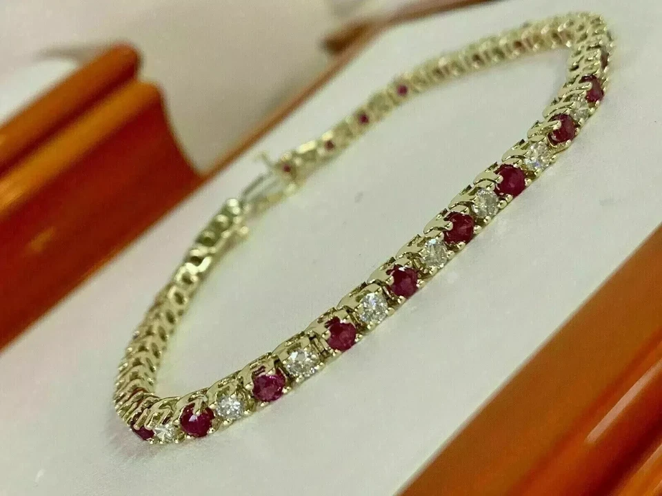 9Ct Lab Created Ruby & Diamond Women 7.5" Tennis Bracelet 14K Yellow Gold Finish - Image 1 of 4