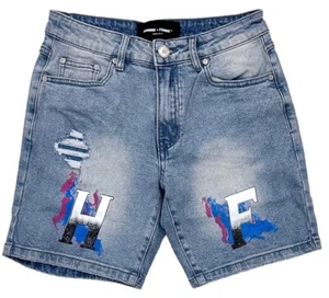 Homme + Femme Men's Hand Paint Logo Distressed Denim Jean Shorts With Rips - Picture 1 of 4