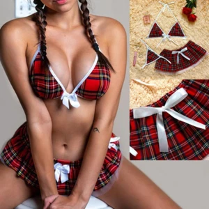 Sexy Lingerie Sleepwear Babydoll Underwear Naughty School Girl Red Plaid GString - Picture 1 of 16