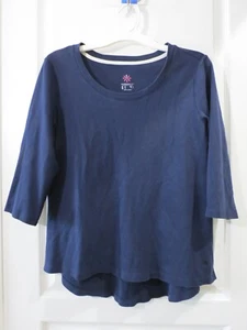 T-shirt Isaac Mizrahi 100% cotone blu navy manica 3/4 girocollo orlo alto taglia M - Foto 1 di 17