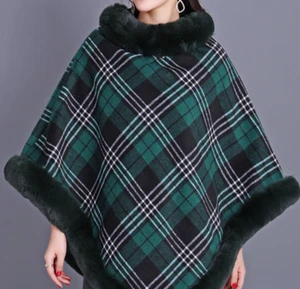 Check Prints Poncho With Fur Collar And Trim - Picture 1 of 6
