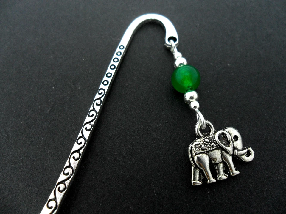 ROSIES JEWELLERY A TIBETAN SILVER GREEN JADE BEAD & ELEPHANT CHARM BOOKMARK. NEW.