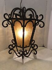 Antique Spanish Mission Revival Wrought Iron Amber Crackle Glass Hanging Light
