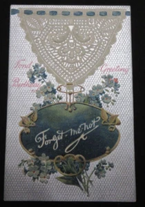 VINTAGE GERMAN BIRTHDAY Post Card EMBOSSED LACE & FORGET-ME-NOTS INT ART PUB CO - Picture 1 of 5