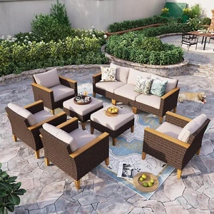 9 Piece Patio Furniture Sets Outdoor Sectional Sofa Rattan Wicker Set for Lawn - Picture 1 of 8