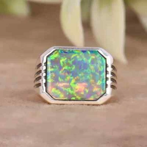 Rainbow Fire Opal Ring, 925 Sterling Silver Mens Signet Ring, Gift For Boyfriend - Picture 1 of 6