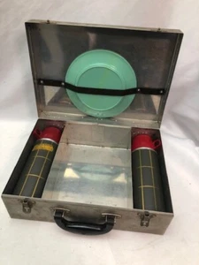 Vintage Thermos Grey Metal Picnic Basket W/ Plates, 2234 Cups, and Thermos' - Picture 1 of 9