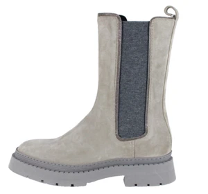 BRUNELLO CUCINELLI Gray Suede Monili Chain Lug Sole Mid-Calf Chelsea Boots 38.5 - Picture 1 of 12