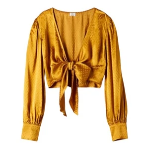 NWOT Aritzia Wilfred Vivi Blouse Satin Wrap Around Jacquard Plunge Balloon Sleev - Picture 1 of 15