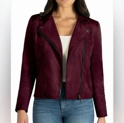 Kut From The Kloth Burgundy Quilted Panel Sleeves Faux Suede Moto‎ Jacket Sz M - Image 1 of 4