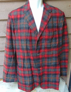 Vintage Pendleton 100% Virgin Wool Blazer Jacket Red Gray Plaid Mens Large - Picture 1 of 8