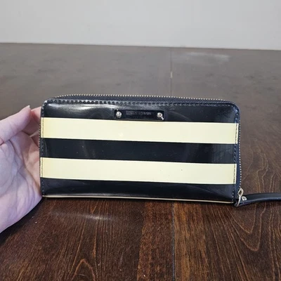 Kate Spade Accordion Wallet Neda Black/Ivory Striped Patent Zip-Around - Image 1 of 4