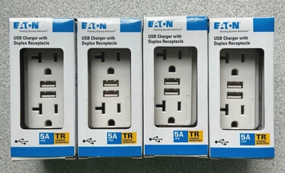 4 NUEVO Cargador USB Eaton con Receptáculo Dúplex Blanco TRUSB5A20W 120V 20A 5A LOTE USB Foto 1 de 4