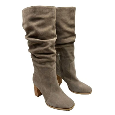 Splendid 7.5 Gloria Taupe Suede Block Heel Square Toe Scrunch Riding Boots - Image 1 of 4