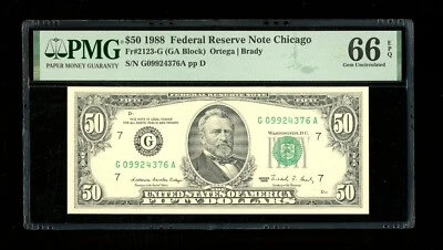 DBR 1988 $50 FRN Chicago Fr. 2123-G Gem PMG 66 EPQ Serial G09924376A - Image 1 of 2